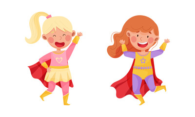 Cute Girl Wearing Superhero Costume Pretending to Have Super Power Vector Set