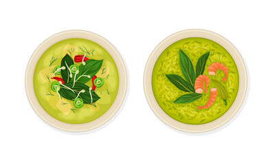 Thai Dish and Main Course with Rice Soup with Shrimp and Potherbs Served on Plate Above View Vector Set