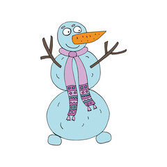 Snowman in a pink scarf. Vector illustration. Drawn by hand in a doodle style. Coloring pages for children and adults. Cartoon character. Isolated.