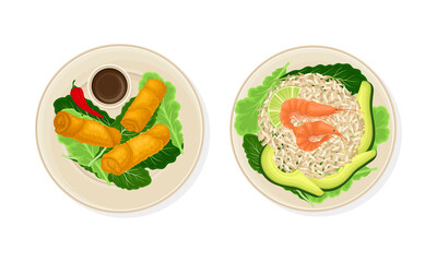 Thai Dish and Main Course with Rice and Green Vegetables Served on Plate Above View Vector Set