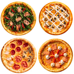 Collage set of four different pizzas for menu isolated on white