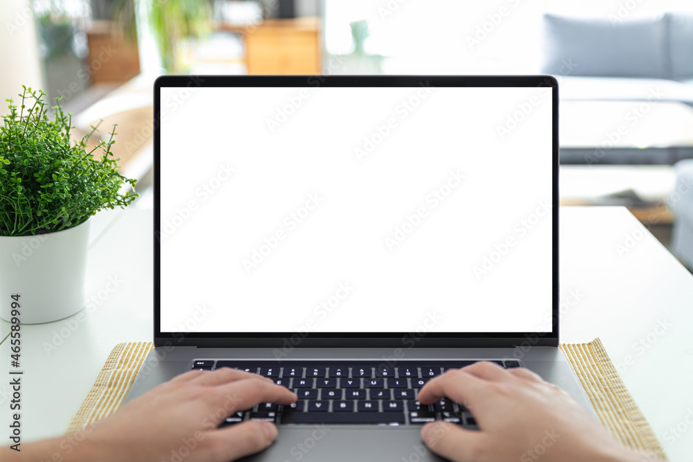 Wall mural man working on a laptop with a blank screen at his desk - pov - point of view perspective