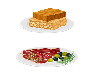Sliced Beef Meat Garnished with Olive and Herbs and Turron Dessert as Spanish Cuisine Dish Vector Set