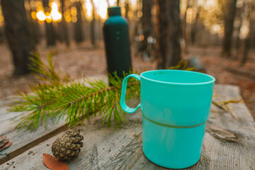 Hot Drink in a Green Mug Stands on a Forest Table. Next to the Mug is a Pine Twig and a Pine Cone, in the background a thermos. Steam from the Mug of Tea. Concept of Walking In the Park, Biotourism