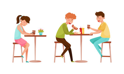 Man and Woman Sitting at Street Food Cafe Table Drinking Coffee and Eating Hot Dog Vector Set