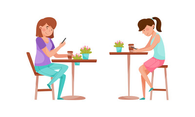 Fototapeta premium Woman Sitting at Street Food Cafe Table Drinking Coffee Vector Set