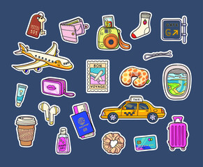 Travel by plane. Collection of cartoon stickers with things for the journey.  - 465591101
