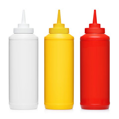 Bottled mayonnaise, mustard and ketchup, isolated on white background