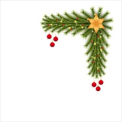 Christmas corner with a golden star and decoration ball. Xmas Corner with red berries and starlights. Christmas corner, Xmas decoration ball, red ball, snowflakes, Golden star, pine leaves, berry.