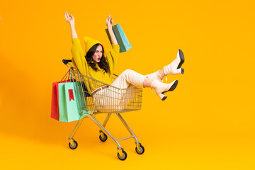 White excited woman making fun in shopping cart
