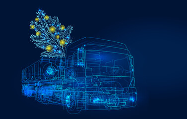 New Year polygonal 3d truck with gifts in dark blue background. A festive atmosphere for your corporate gifts, calendars, banners and postcards. Online cargo delivery service, logistics or tracking ap