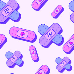 Vector children's seamless pattern for children with different patches, stickers. Vector background with a pattern for children with cartoon patches, for printing on fabric, notebooks, objects