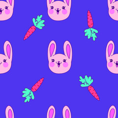 Vector children's seamless pattern for children with a cute rabbit, bunny and carrot. Background with a pattern for children with cartoon characters, for printing on fabric, clothes, toys, notebooks