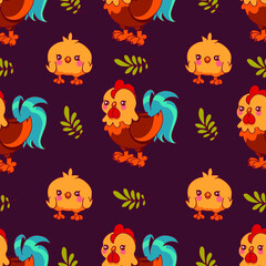 Vector children's seamless pattern for kids with cute chickens, rooster, chicken and grass. Background with a pattern for children with cartoon characters, for printing on fabric, clothes, toys