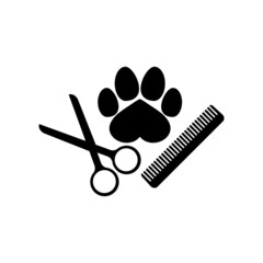 Dog grooming logo. Dog paw print, comb and scissors. Vector clipart and drawing. Isolated illustration on white background.