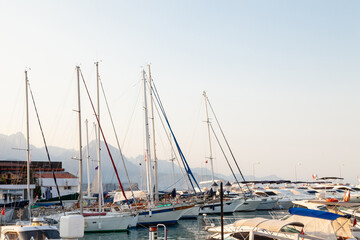 A lot yachts and boats in the port of Kemer, Turkey. Tourism and travel