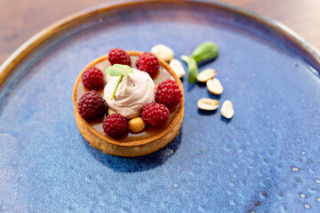 Fresh dietary dessert made of cow cream and frozen fruits and berries. Pie baked in oven. concept is vegetarian desserts.