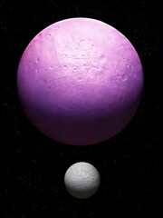 Amazing purple planet with a satellite in space. Exoplanet has a moon. Distant planetary system 3d illustration. © Nazarii