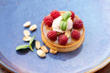 Fresh dietary dessert made of cow cream and frozen fruits and berries. Pie baked in oven. concept is vegetarian desserts.