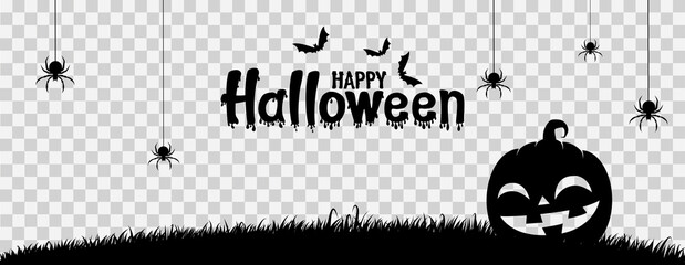 Obraz premium Happy halloween text banner with smile pumpkin face on grass field, bats flying, spider, spider web, isolated on png or transparent background, sale template ,website, poster,vector