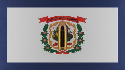 Top down view of a 9mm bullet in the center and on top of the US state flag of West Virginia