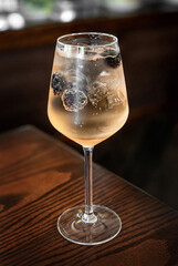Aperitif is a refreshing cocktail of lemonade made from citrus slices. Soft drink with syrup and soda and ice cubes. Concept - summer thirst
