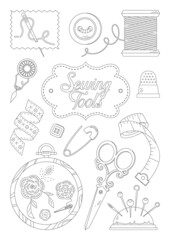 A set of items for sewing. Hand drawing. Coloring book for children and adults.