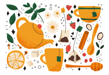 Tea illustration objects set vector. Flat style kitchen illustrations
