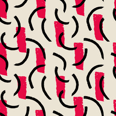 Vector drawn black red lines ecru seamless pattern
