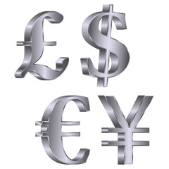 3D dollar, euro, pound sterling, yen, yuan currencies symbol set on white