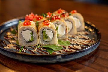 European rolls with rice and nori. composition of rolls: salmon, tuna, avocado, shrimp. Concept menu of summer cafe