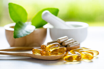 Alternative medicine herbal organic capsule with vitamin E omega 3 fish oil, mineral, drug with...