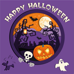 Beautiful Halloween card made of paper with a pumpkin and a kind skeleton.