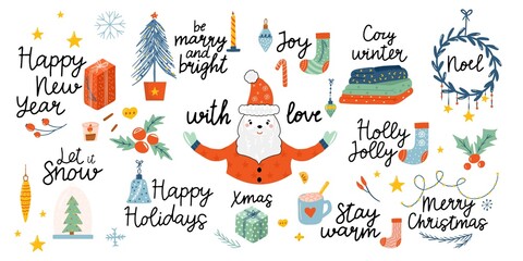 Vector set of cozy Christmas decorations with text. Bundle santa and sweets, hot cocoa, coffee, cake, gingerbread cookies, gifts, knitted woolen clothes. Kids illustration. Scrapbook trendy collection