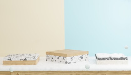 3d rendering of empty wooden podium and colorful background with snow covered floor, winter theme