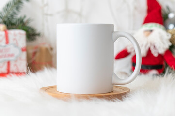 Winter mockup white ceramic coffee cup. Copy space for creative advertising text message or promo content. Imprint your design