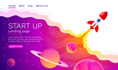Start up idea Landing page screen, development technology, rocket banner. Vector