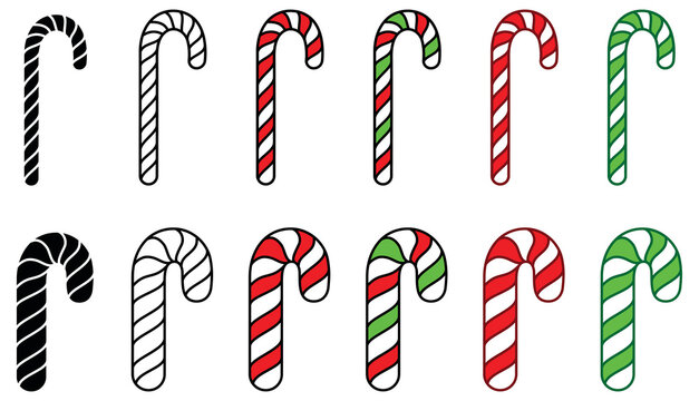 Candy Cane Clipart Set - Outline, Silhouette and Color