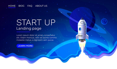 Start up idea Landing page screen, development technology, rocket banner. Vector