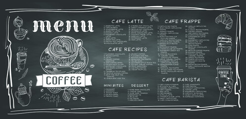 Coffee house menu. Restaurant cafe menu, template design. Food flyer. Layout with vintage lettering and frame of hand-drawn graphic sweets. Vector.