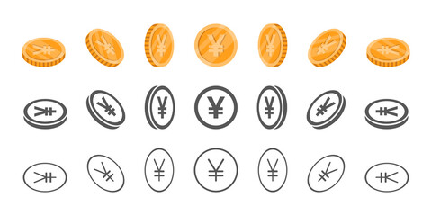 Yen or Yuan coins. Rotation of icons at different angles for animation. Coins in isometric. Vector illustration