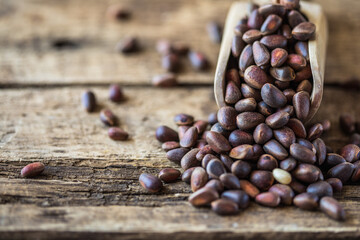 cedar nuts in shell. Organic food. Seeds of Siberian pine