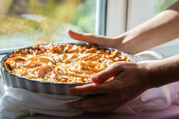 Apple pie. Piece of fresh baked homemade layered tart with fresh apples.