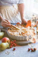 Apple pie. Piece of fresh baked homemade layered tart with fresh apples.
