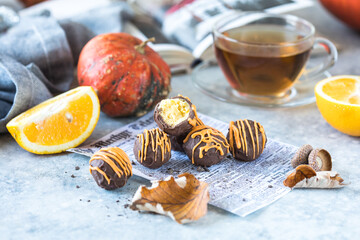 Homemade vegetarian truffles with pumpkin chocolate