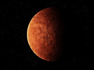 Red rocky planet on black background with stars. Mars-like planet with craters 3d illustration.