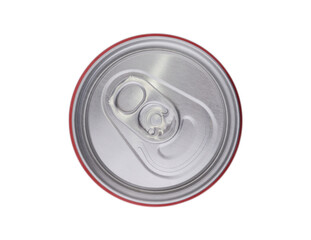 A metal can with a carbonated soft drink. Isolated on a white background, top view.