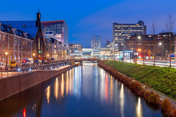 Fototapeta premium Utrecht, Netherlands Canal and Cityscape at Night