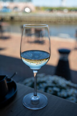 Glass of white wine served in cafe with view on harbour of Harlingen, vacation in Friesland, Netherlands