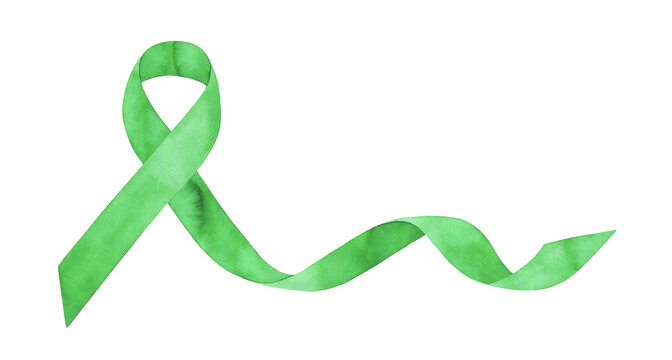 Watercolor illustration of waving green ribbon with creative brush strokes on white background. Hand painted watercolor graphic drawing, isolated clip art element for design decoration, card, banner.